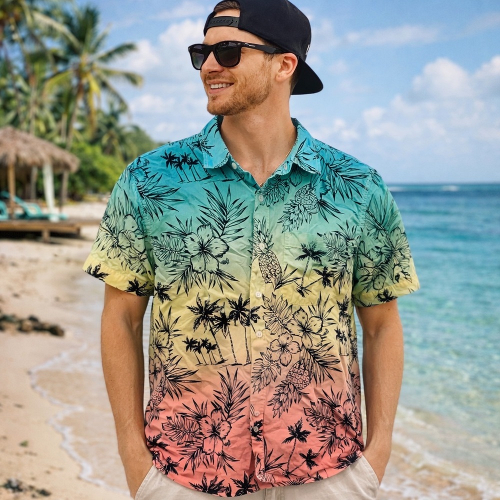 👕 American Eagle Tropical Button-Up Shirt | Ombre Beach Print | Size M